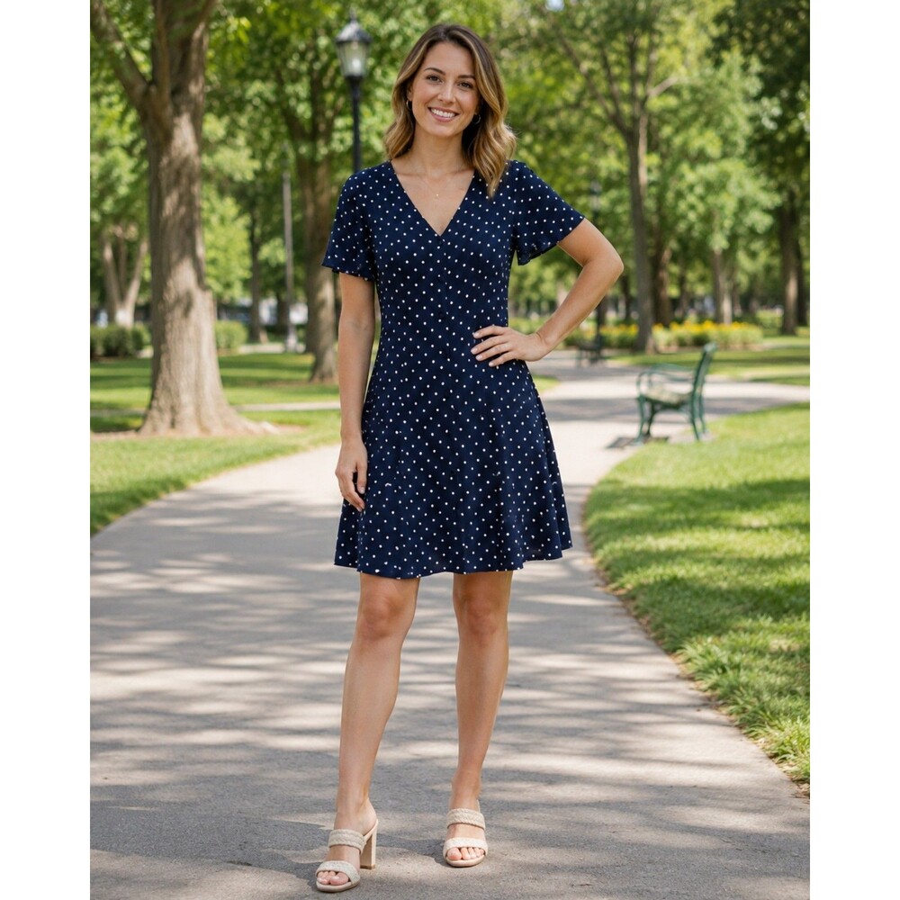 Around Navy Blue Polka Dot Dress Size M Rayon Short Sleeve Tie Back